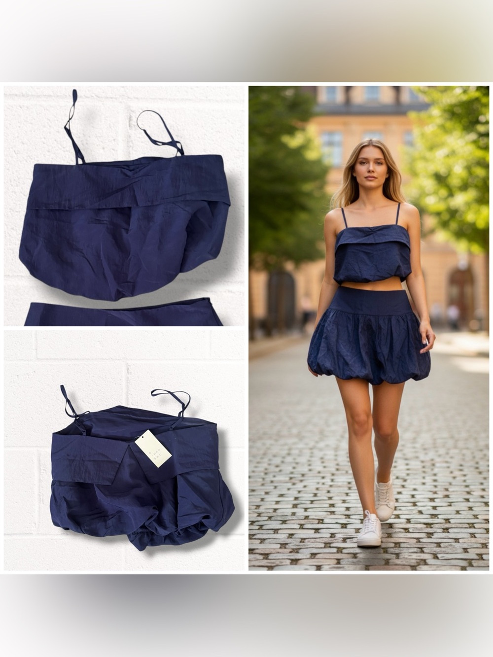NEW a new day Navy Blue Cropped Spaghetti Strap Bubble Tank Top, XS
